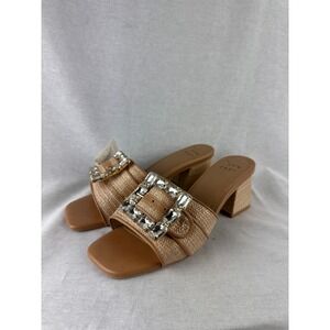 A New Day Womens Raffia Block Heel Mules Crystal Buckle Square Toe Tan Sandals 8
